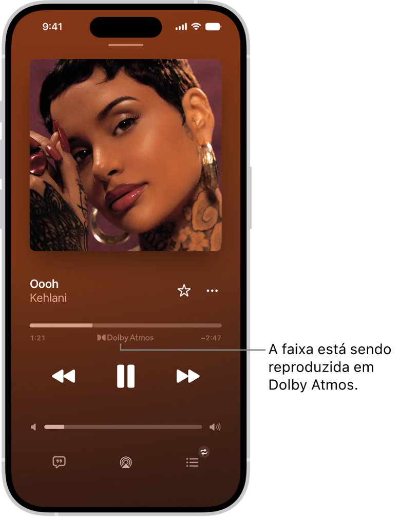 Tela Reproduzindo mostrando o ícone de Dolby Atmos para a faixa que está sendo reproduzida.
