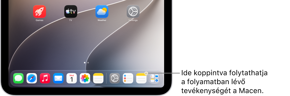 Egy iPaden a Handoff ikonja látható az iPad Dockjának a területén.
