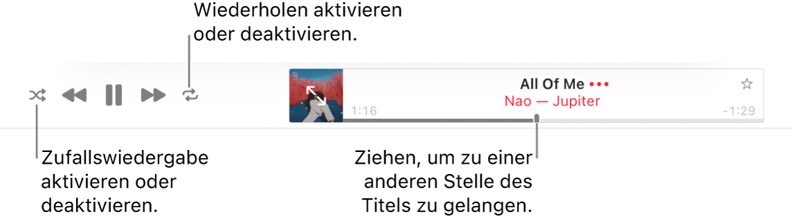 Der obere Bereich von Apple Music zeigt einen Musiktitel, der gerade wiedergegeben wird. Ganz links befinden sich die Wiedergabesteuerungen. Links neben den Wiedergabesteuerungen ist die Taste „Zufällige Wiedergabe“ und die Taste „Wiederholen“ ist rechts davon. Bewege die Abspielposition zu einer anderen Stelle im Titel.