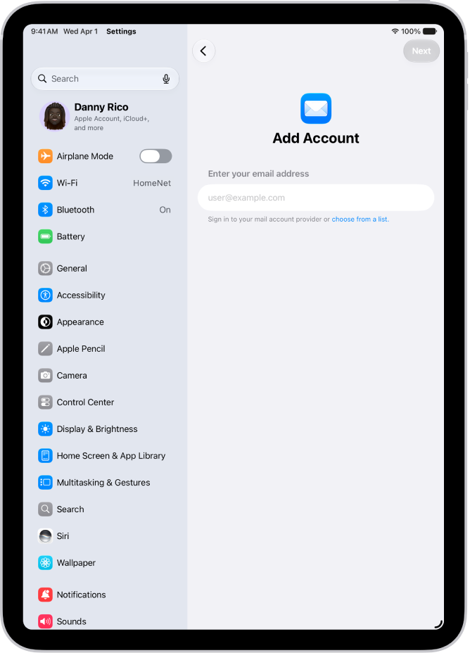 The Add Account screen showing a field to enter your email address.