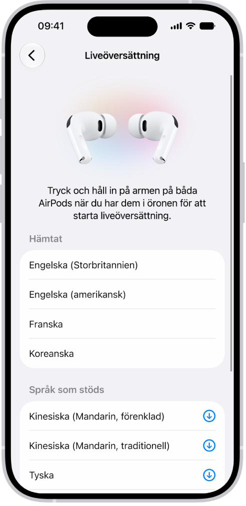 Språkskärmen i inställningarna för AirPods-översättning visar en lista med språk som har hämtats och stöds.