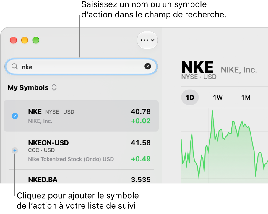 Une recherche dans Bourse avec deux résultats possibles en haut des résultats de la recherche.