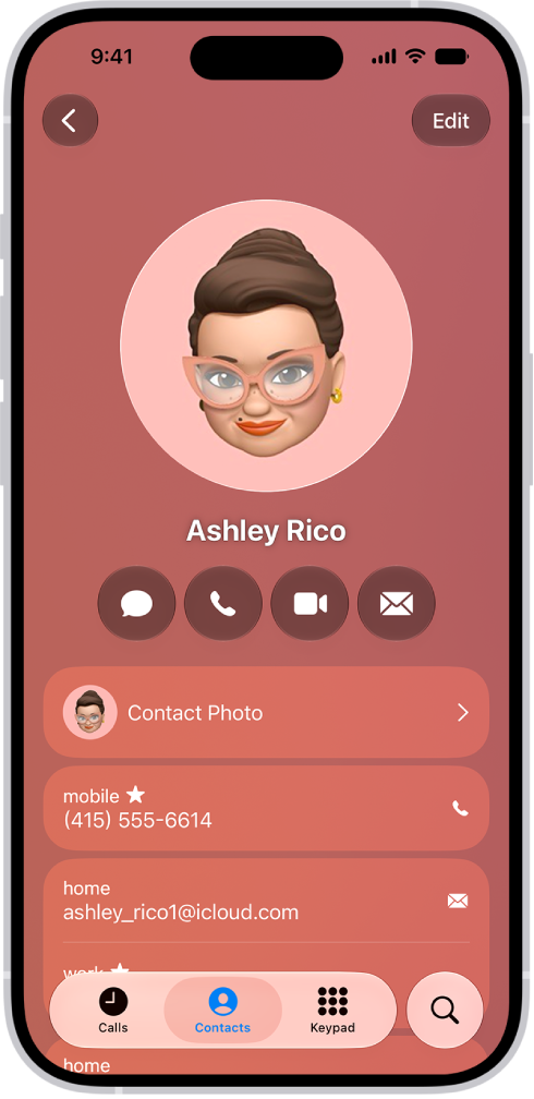 A contact card in the Contacts app.
