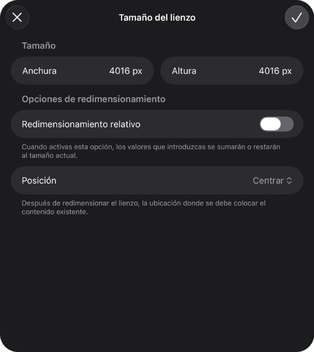 Cuadro de diálogo de tamaño del lienzo con controles para modificar el tamaño del lienzo.