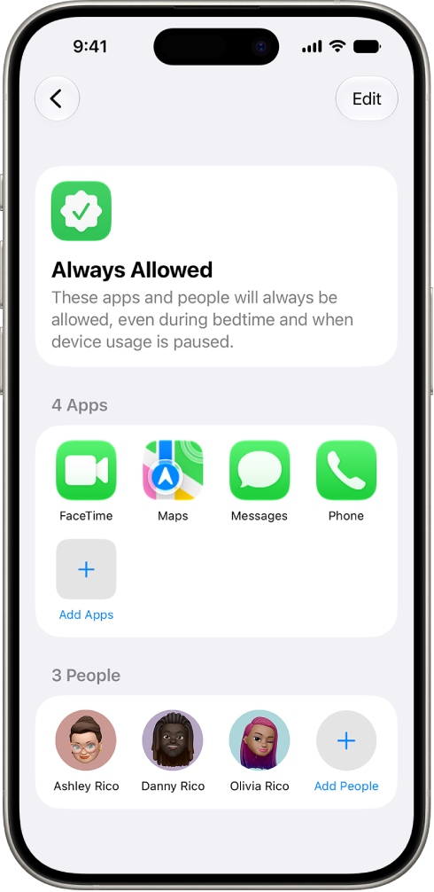 A child's Always Allowed screen showing apps and contacts that are always allowed on their device.