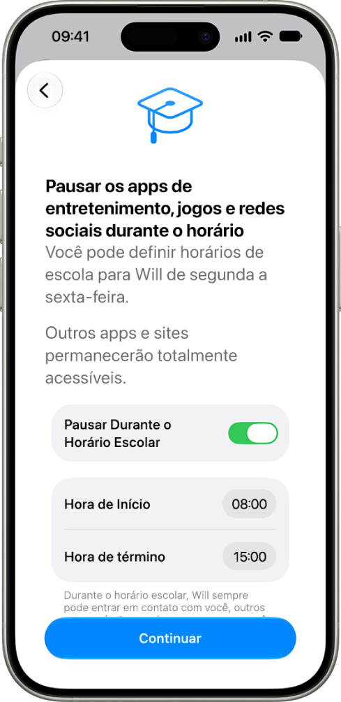 A tela de controles parentais mostrando os horários em que o uso do dispositivo deve ser pausado durante o horário escolar.