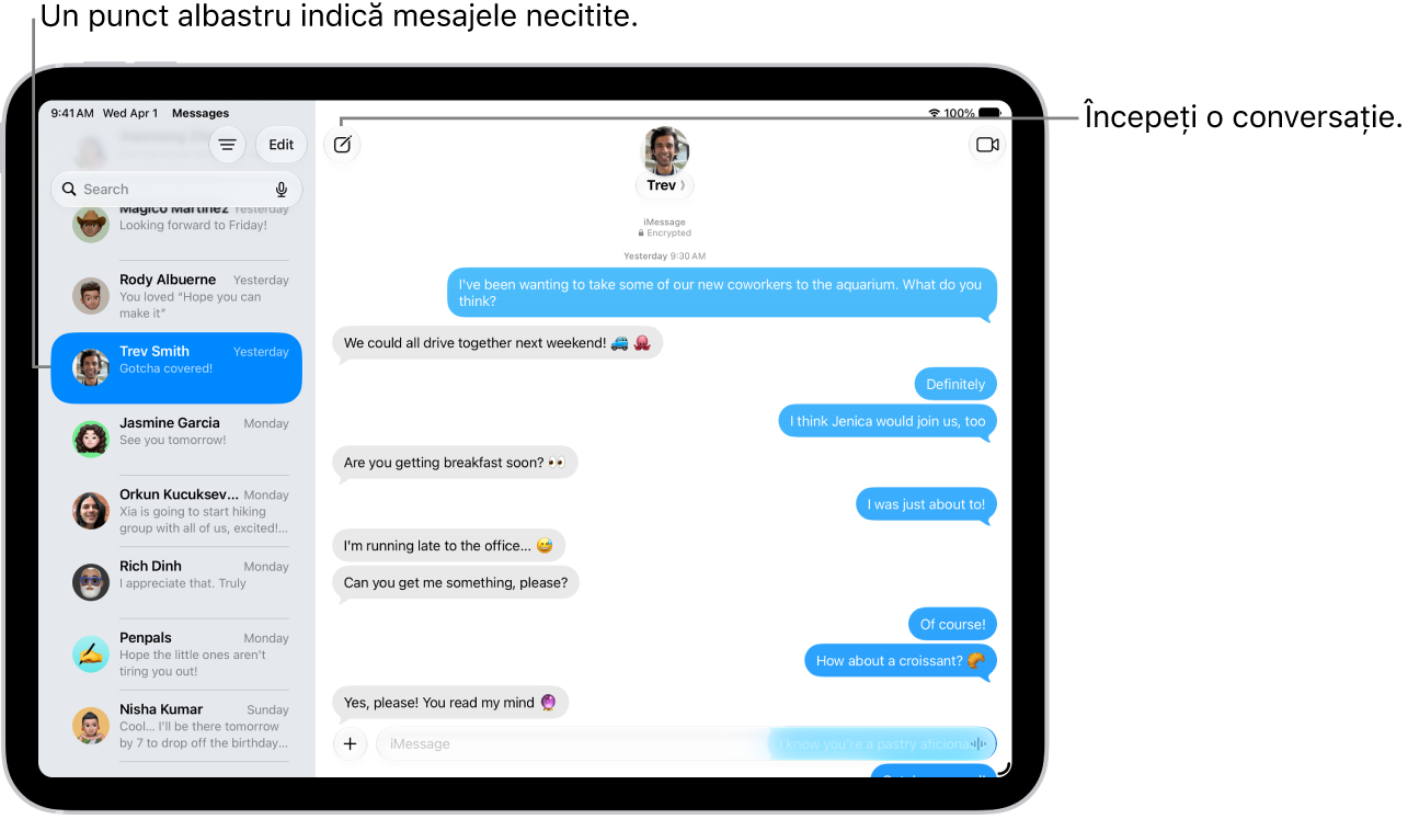 O listă de conversații Mesaje în stânga și transcrierea unei conversații în dreapta. Un mesaj necitit este marcat cu un punct albastru.