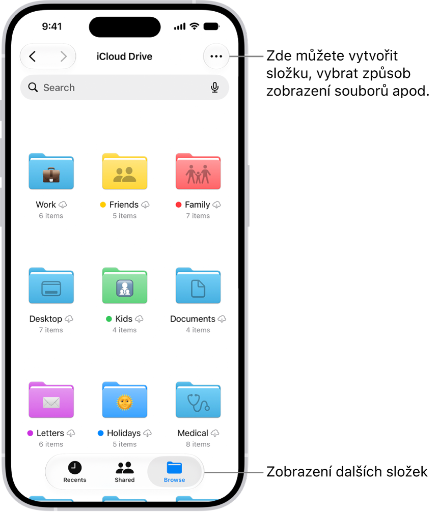 V&nbsp;aplikaci Soubory se zobrazují soubory a&nbsp;složky uložené na iCloud&nbsp;Drivu. Nabídka Více obsahuje volby pro výběr položek, vytvoření nové složky, skenování dokumentů a&nbsp;připojení k&nbsp;serveru. Pod nimi se nacházejí volby pro zobrazení položek na displeji v&nbsp;podobě ikon nebo seznamu. Dole jsou umístěné volby řazení podle názvu, typu, data, velikosti a&nbsp;značek a&nbsp;za nimi volby zobrazení.