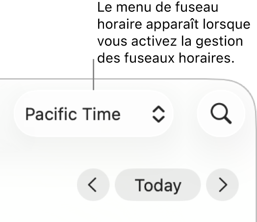 Le menu des fuseaux horaires apparaît à gauche du champ de recherche lorsque la prise en charge de cette fonctionnalité est activée.