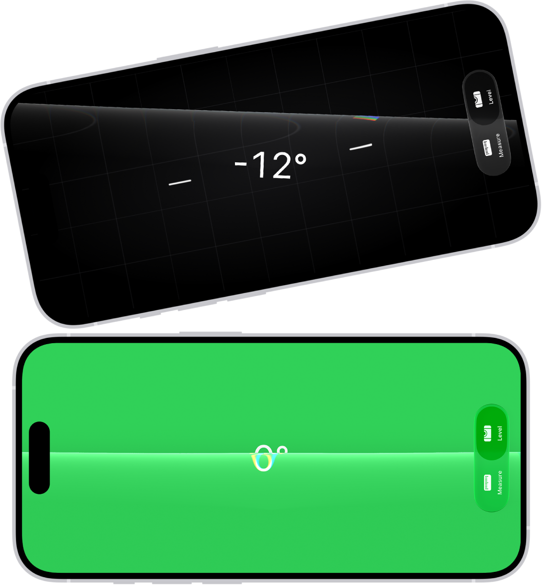 La schermata della livella nell’app Metro. In alto, iPhone presenta un angolo di inclinazione di 10 gradi; in basso, iPhone è in piano.