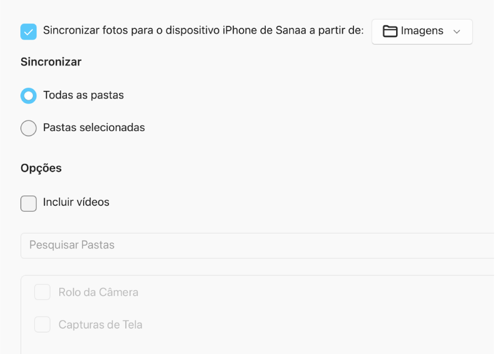 Os botões “Todas as fotos e álbuns” e “Álbuns selecionados” aparecem com as caixas de seleção “Somente favoritos”, “Incluir vídeos” e “Incluir automaticamente as fotos de” abaixo.