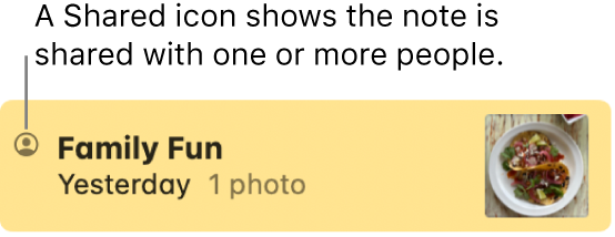 A note that was shared with others in a Messages conversation, with the Shared icon to the left of the note’s name.