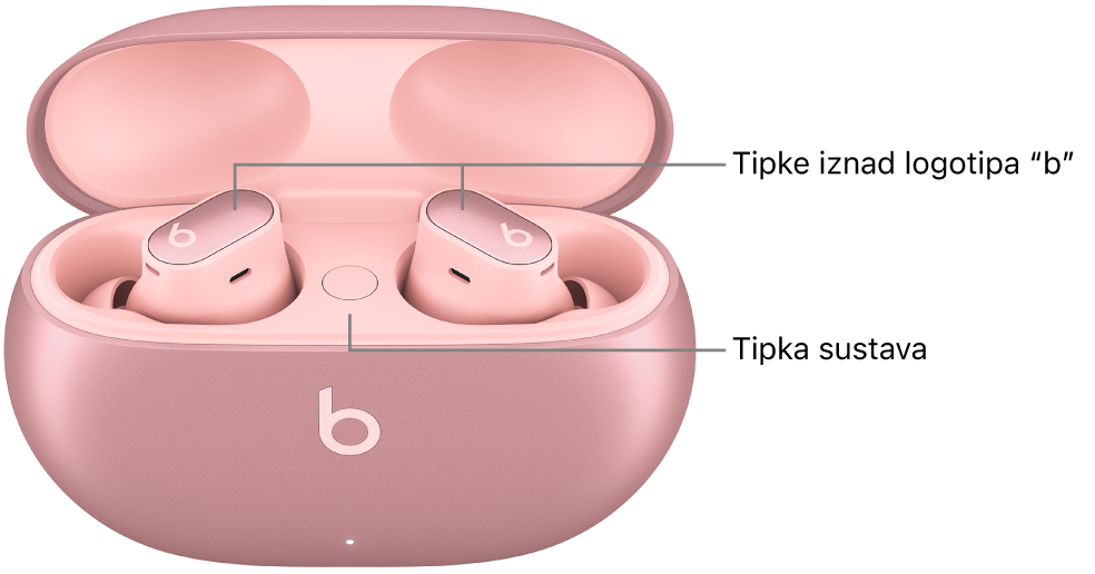 Slika slušalica Beats&nbsp;Studio&nbsp;Buds&nbsp;+ s prikazom lokacije tipki iznad logotipa “b” na slušalicama i lokacije tipke sustava unutar kutijice za punjenje.