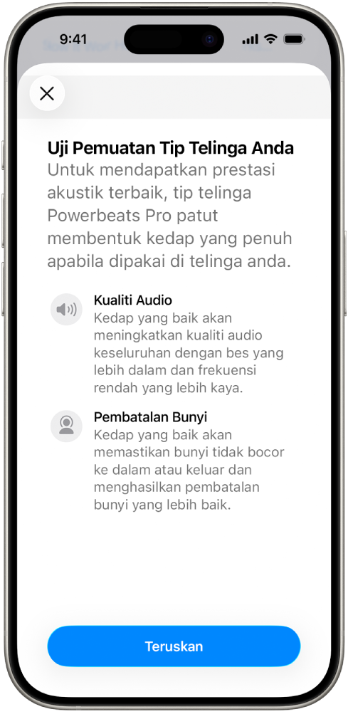 Skrin iPhone memaparkan Ujian Pemuatan Tip Telinga.