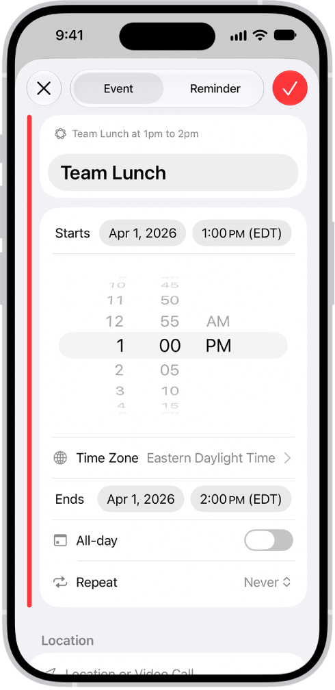 A calendar event showing settings for the time and time zone of the event.