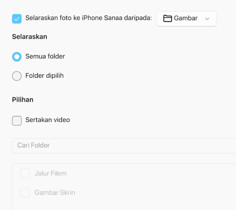 Butang radio “Semua foto dan album” dan Album dipilih kelihatan dengan kotak semak “Hanya kegemaran, “Sertakan video” dan “Sertakan foto secara automatik dari” di bawah.
