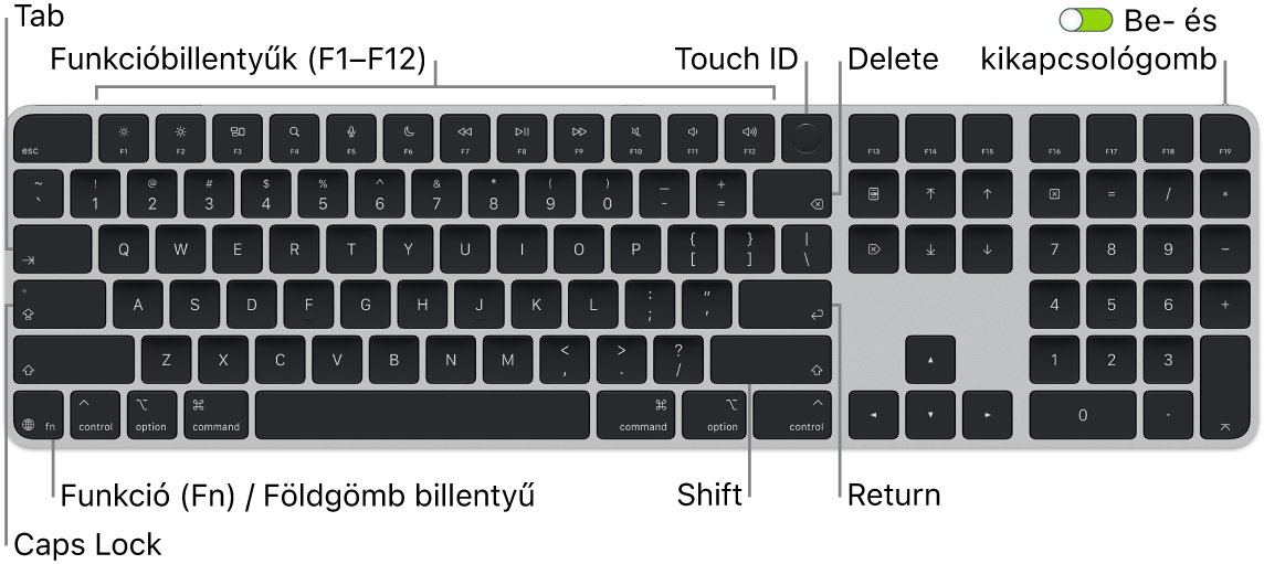 A Touch ID-val és számbillentyűzettel rendelkező Magic Keyboard, felül a funkcióbillentyűk sorával és a Touch ID-val, a bal alsó részen pedig a Funkció (Fn)/földgömb billentyűvel.