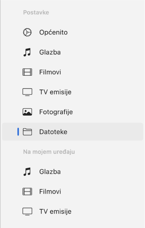 Rubni stupac u kojem su odabrane Datoteke.