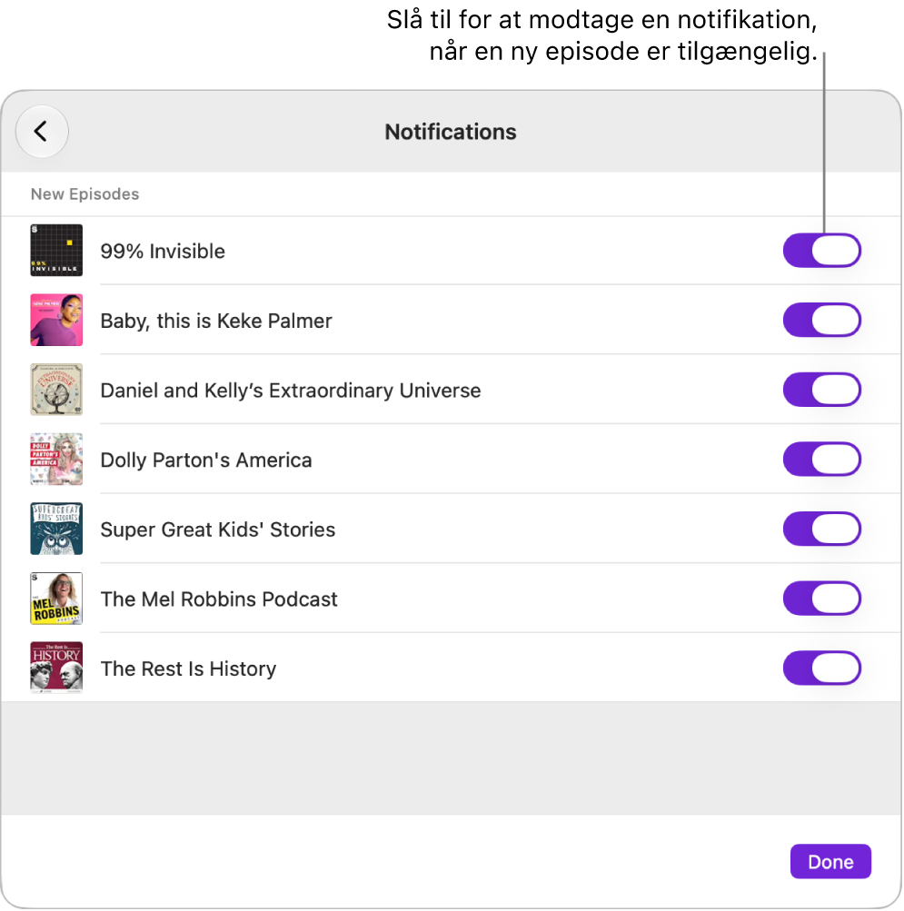 Indstillinger til Notifikationer. Klik på kontakten for at få en notifikation, når en ny episode er tilgængelig.