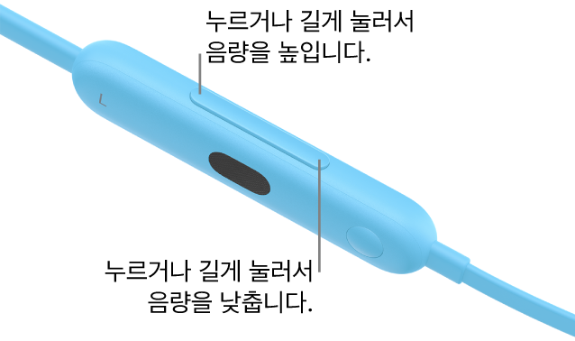 음량 버튼이 표시된 Beats&nbsp;Flex 왼쪽 제어기 모듈의 이미지.