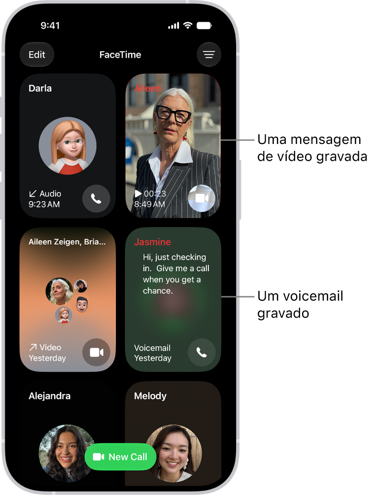 O histórico de chamadas do FaceTime, a mostrar um contacto sugerido, uma mensagem de vídeo gravada, um voicemail e uma chamada FaceTime de vídeo em grupo.