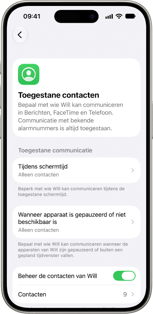 Het scherm 'Toegestane contacten' in de instellingen voor 'Schermtijd', met opties voor toegestane communicatie tijdens schermtijd, toegestane communicatie wanneer apparaten zijn gepauzeerd en het beheer van contacten.