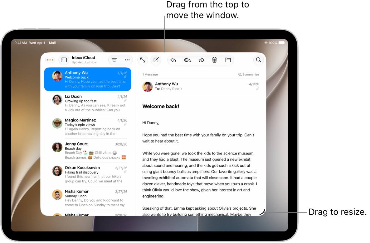 A window open on iPad, with a resize handle in the lower-right corner and window controls in the upper-left corner.