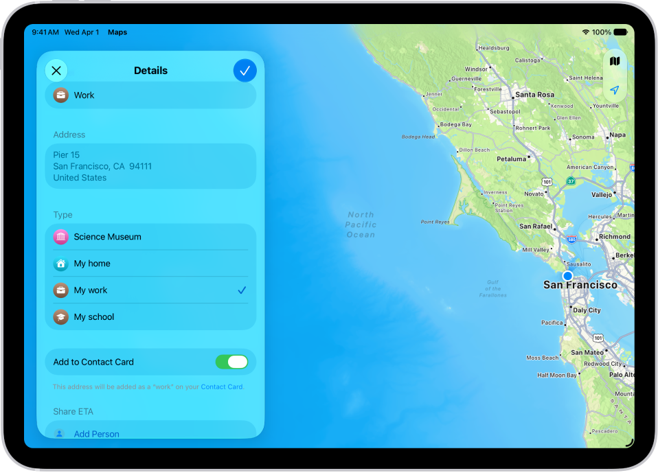 The Maps app showing the Details screen with options to set an address as home, work, or school.