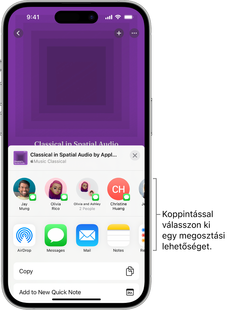 Egy klasszikus lejátszási lista egy iPhone képernyőjének a tetején, és az alatta megjelenő kontaktok és megosztási beállítások.