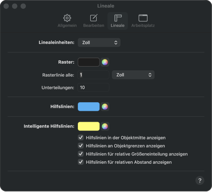 Der Einstellungsbereich „Lineale“.