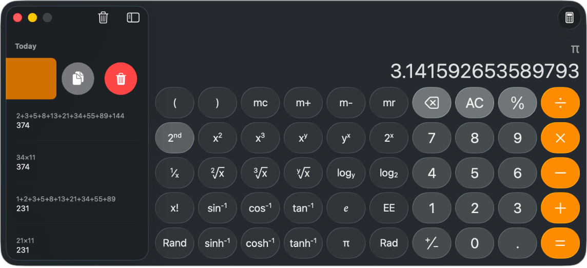 The Calculator with history visible.