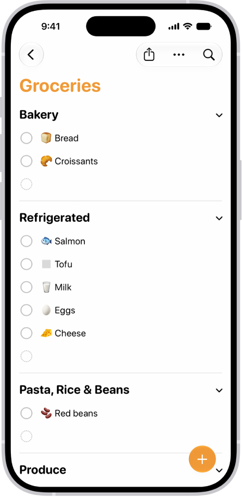 The Reminders app, showing a grocery list with items in categories such as Produce and Seafood.