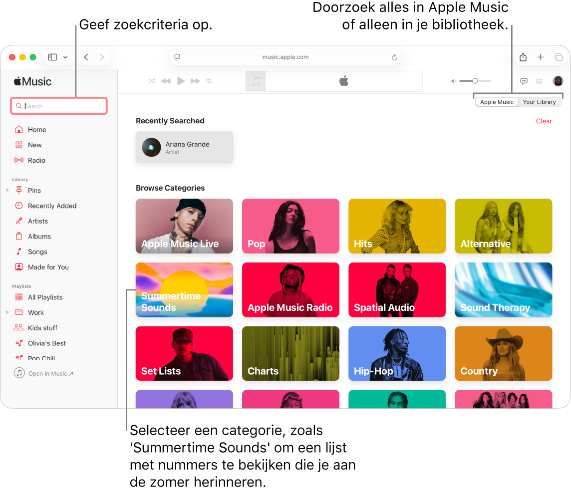 Het Apple Music-venster met het zoekveld linksbovenin, de lijst met categorieën in het midden van het venster en 'Apple Music' en 'Jouw bibliotheek' rechtsbovenin. Voer zoekcriteria in het zoekveld in en geef aan of je in heel Apple Music of alleen in je eigen bibliotheek wilt zoeken. Je kunt ook een categorie selecteren, zoals 'Summertime Sounds' om een lijst met nummers te bekijken die je aan de zomer herinneren.