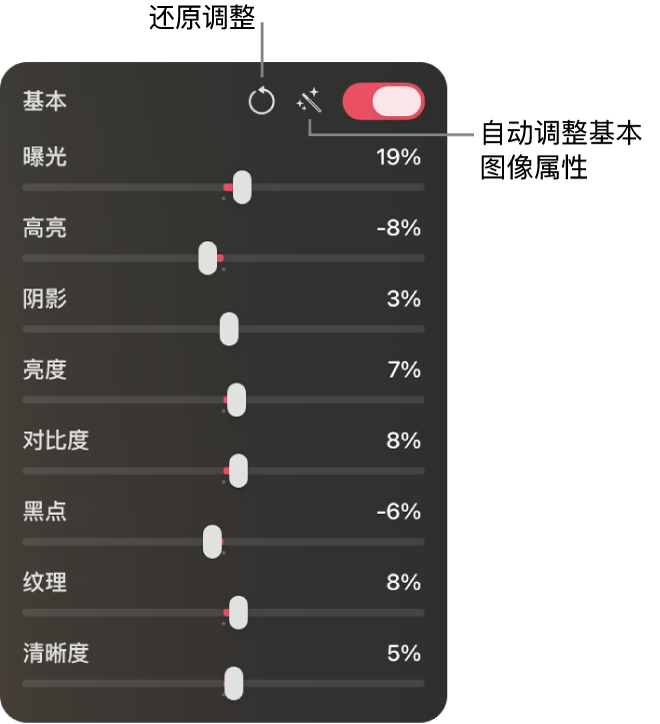 “颜色调整”面板的“基本”部分，显示“曝光”、“高亮”、“阴影”和“亮度”等滑块控制。