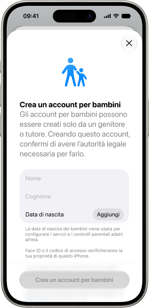 La schermata “Crea un account per bambini” con le opzioni per inserire nome, cognome e data di nascita.