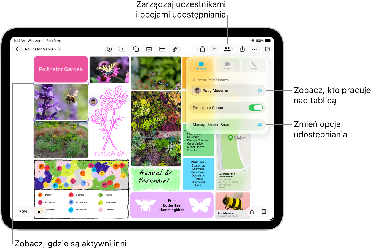 Udostępniana tablica friform na iPadzie z&nbsp;otwartym menu współpracy. Miejsca, w&nbsp;których inni uczestnicy pracują na tablicy, są oznaczone kolorami.