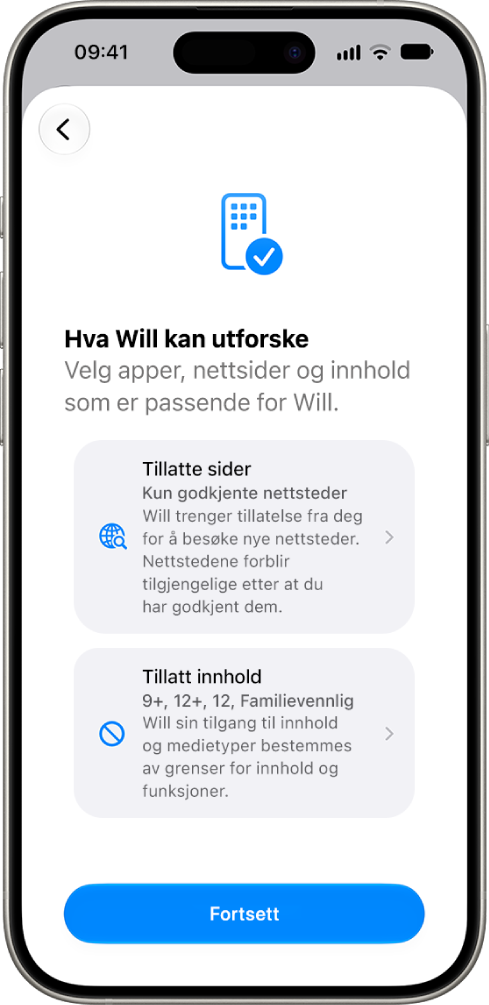 Skjermen for oppsett av foreldrekontroller viser alternativer for hvilken type innhold som kan åpnes, for eksempel apper og nettsteder.