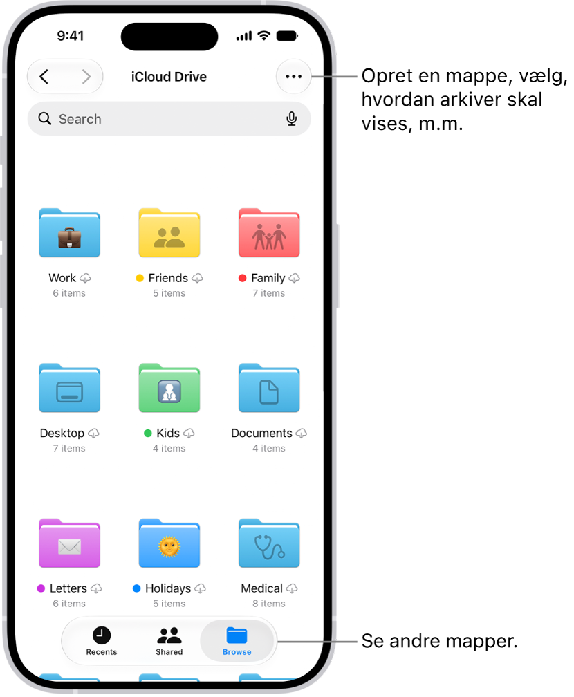 Appen Arkiver viser arkiver og mapper i iCloud Drive. Menuen Mere har muligheder til at vælge emner, oprette en ny mappe, scanne dokumenter og oprette forbindelse til server. Derunder findes muligheder til at se emner på skærmen som symboler eller en liste. Nederst på skærmen findes muligheder for sortering efter Navn, Type, Størrelse og Mærker efterfulgt af Oversigtsvalg.