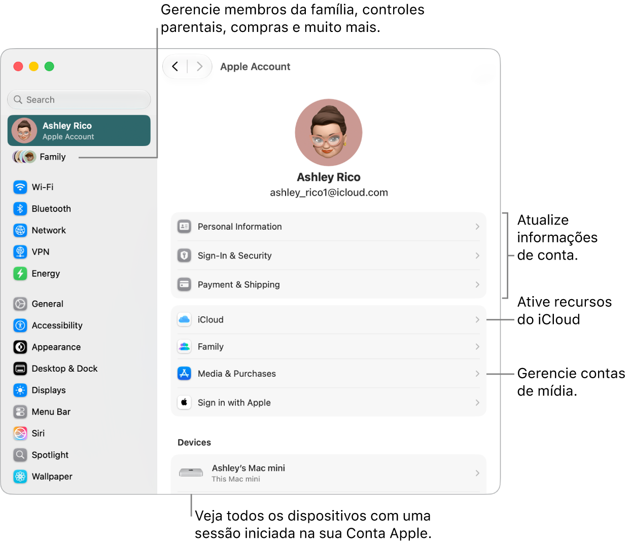 Os ajustes da Conta Apple, nos Ajustes do Sistema, com chamadas para atualizar informações da conta, ativar ou desativar recursos do iCloud, gerenciar contas de mídia, e alterar os ajustes de Família, onde você gerencia os membros da família, controles parentais, compras e muito mais.