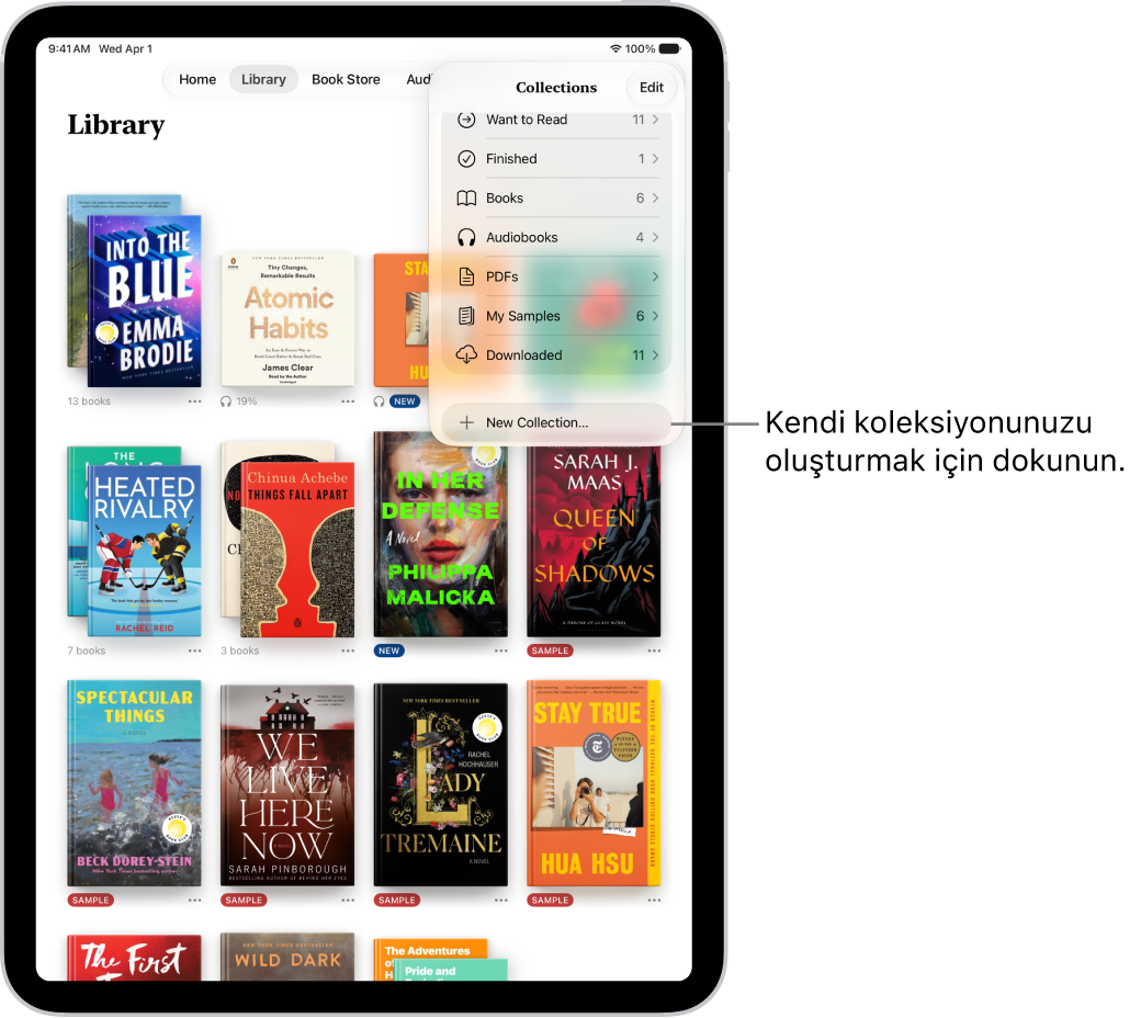 Kitaplar uygulamasında Kitaplık ekranı. Ekranın en üstünde Koleksiyonlar menüsü açık ve Sesli Kitaplar ve PDF’ler gibi seçenekler gösteriliyor.