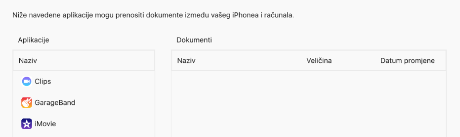 U prozoru Datoteke prikazuju se aplikacije koje se mogu sinkronizirati na uređaj.