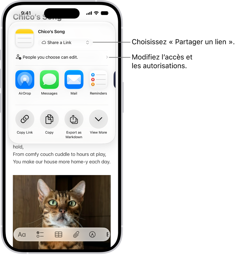 Une invitation à collaborer sur une recette dans Notes, avec l’option de partage «&nbsp;Partager un lien&nbsp;» ainsi que l’accès et l’autorisation définis sur «&nbsp;Seules les personnes choisies peuvent modifier le contenu&nbsp;». Quatre façons différentes de partager la note sont proposées en dessous&nbsp;: AirDrop, Messages, Mail et Rappels.