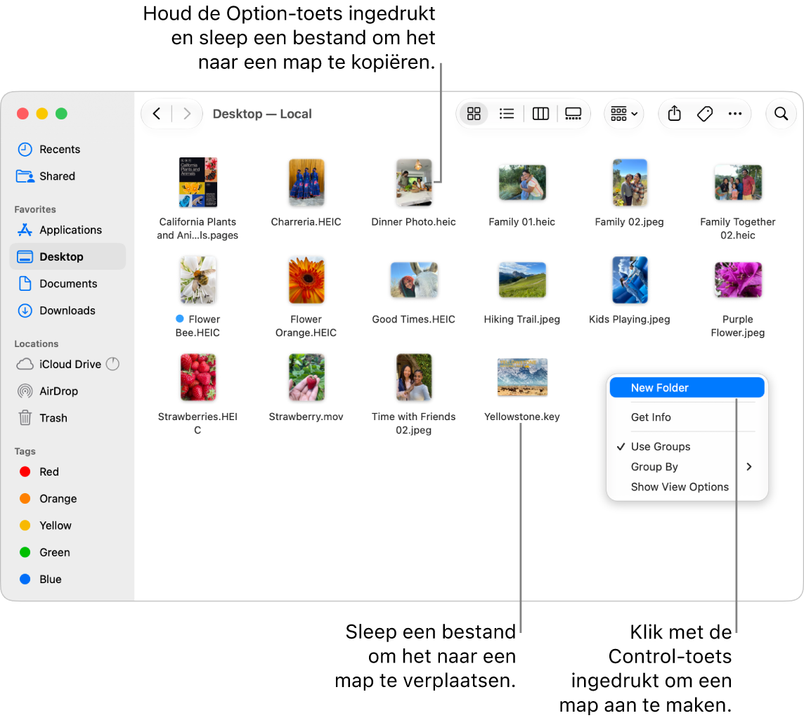 Een Finder-venster met bestanden en mappen. In het contextuele menu is 'Nieuwe map' gemarkeerd.