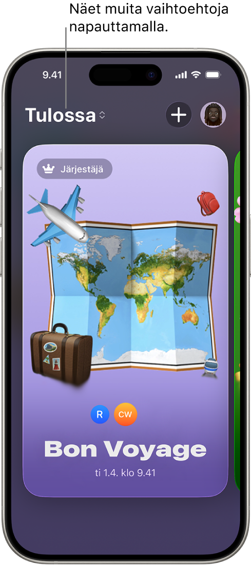 Kutsut-apin näyttö, jossa näkyy tuleva tapahtuma.