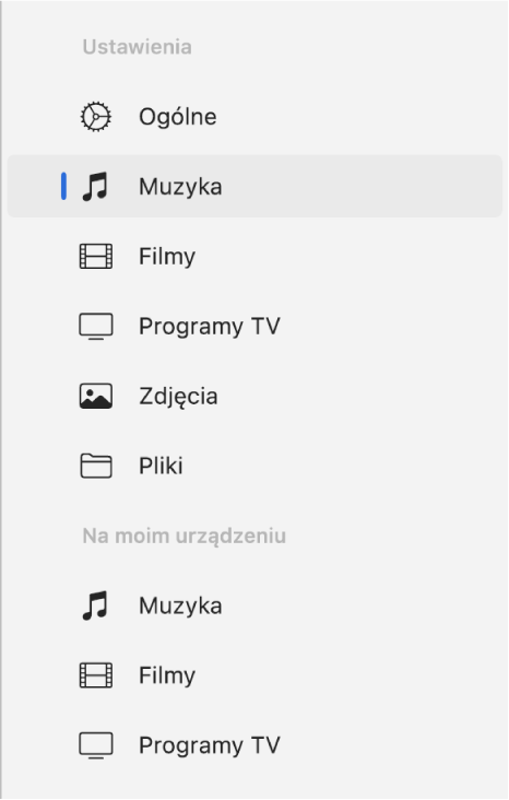 Pasek boczny z wybraną pozycją Muzyka.