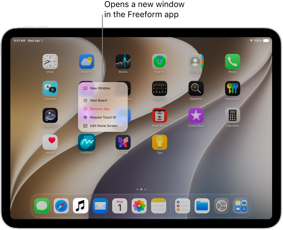 An iPad Home Screen with the Freeform app menu open, showing a list of actions you can choose—including open a new window in the app, create a new board, show all the open app windows, and others.