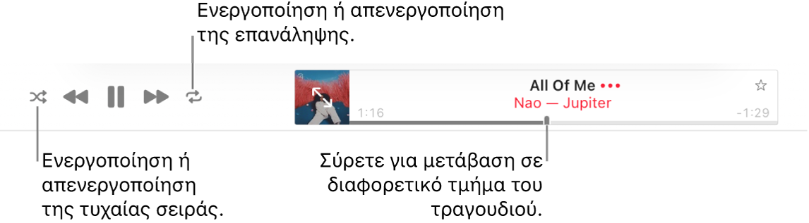 Το πάνω μέρος του Apple Music όπου αναπαράγεται ένα τραγούδι. Τα στοιχεία ελέγχου αναπαραγωγής βρίσκονται τέρμα αριστερά. Το κουμπί «Τυχαία σειρά» βρίσκεται στα αριστερά των στοιχείων ελέγχου αναπαραγωγής και το κουμπί «Επανάληψη» βρίσκεται στα δεξιά των στοιχείων ελέγχου. Σύρετε την κεφαλή αναπαραγωγής για μετάβαση σε διαφορετικό τμήμα του τραγουδιού.