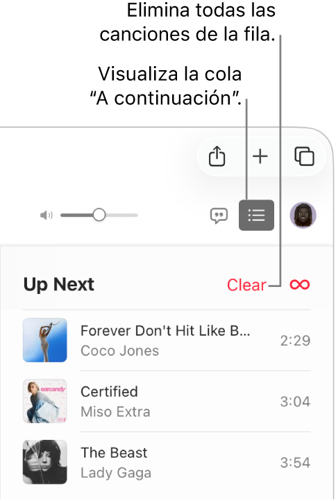 El botón “A continuación” en la esquina superior derecha de Apple Music está seleccionado y se puede ver la cola “A continuación”. Haz clic en el enlace Borrar situado en la parte superior de la lista para eliminar todas las canciones de la cola.