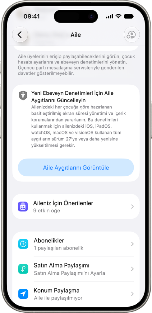iOS, iPadOS, macOS, watchOS ve visionOS’in 27. sürümü için güncellenmesi gereken Aile Aygıtlarını Görüntüle seçeneğini gösteren Aile Paylaşımı ayarlarındaki bir düğme.