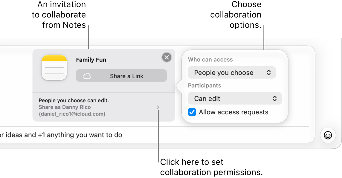 A close-up of the text message field at the bottom of the Messages conversation. There’s an invitation to collaborate on a note. You can click the right side of the invitation to set collaboration permissions.